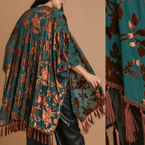 Umgee Boho Velvet Bohemian Fringe Kimono XL 1X 2X - Picture 2 of 3